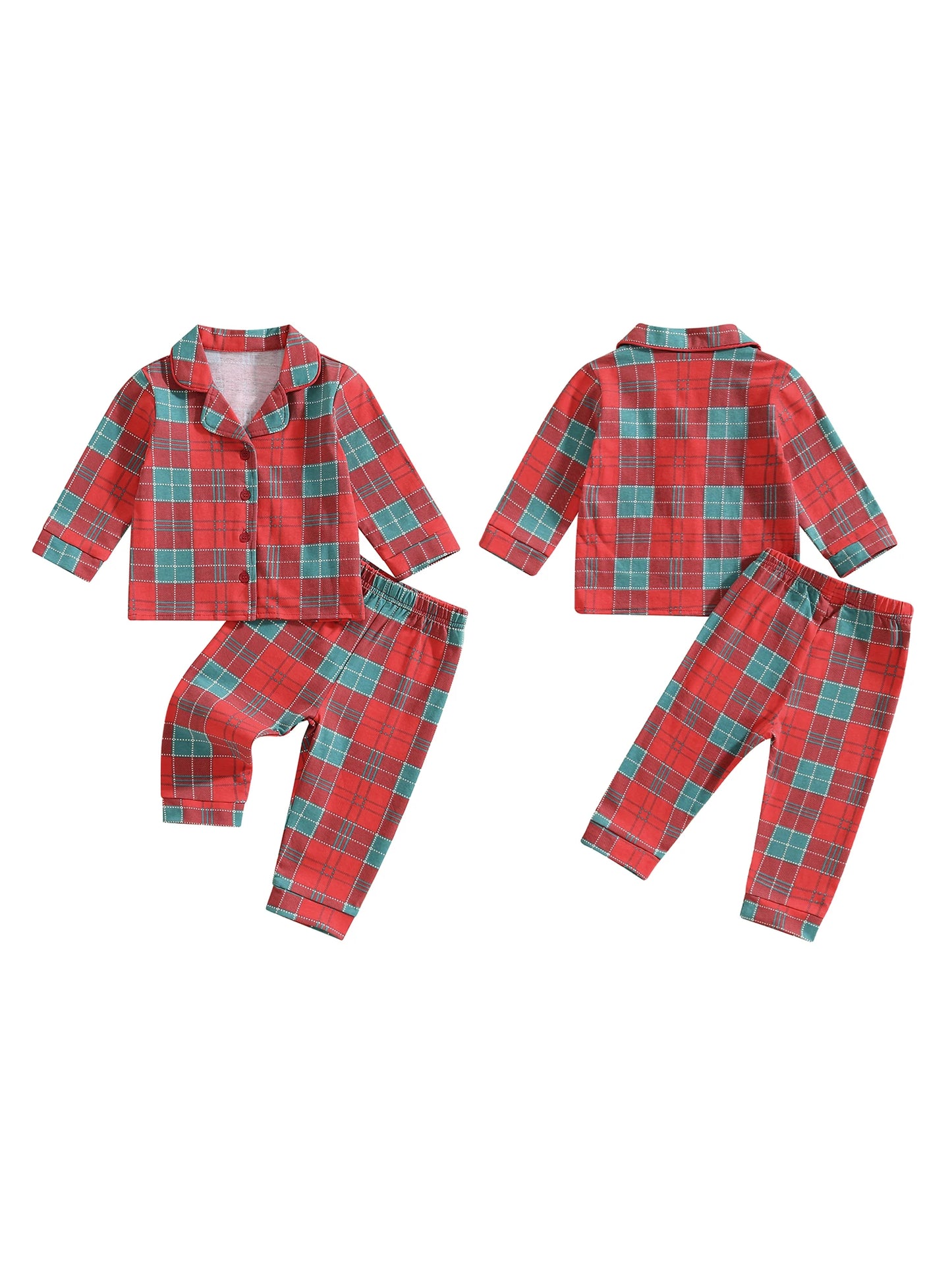Child Autumn Checkered Pattern Pajama Set With Long Sleeve Lapel Collar Button Down Top And Matching Pants For Cozy