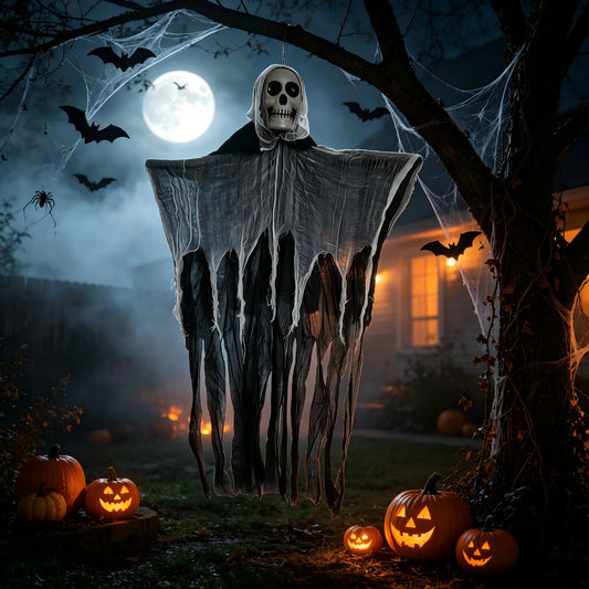 2 Pack Halloween Hanging Skull Ghost Decor, Tattered Gauze Skeleton Hanging Ornament, Scary Horror Prop For Haunted House Entrance, Indoor Bedroom & Outdoor Yard Tree Halloween Party Atmosphere Pendant Decorations