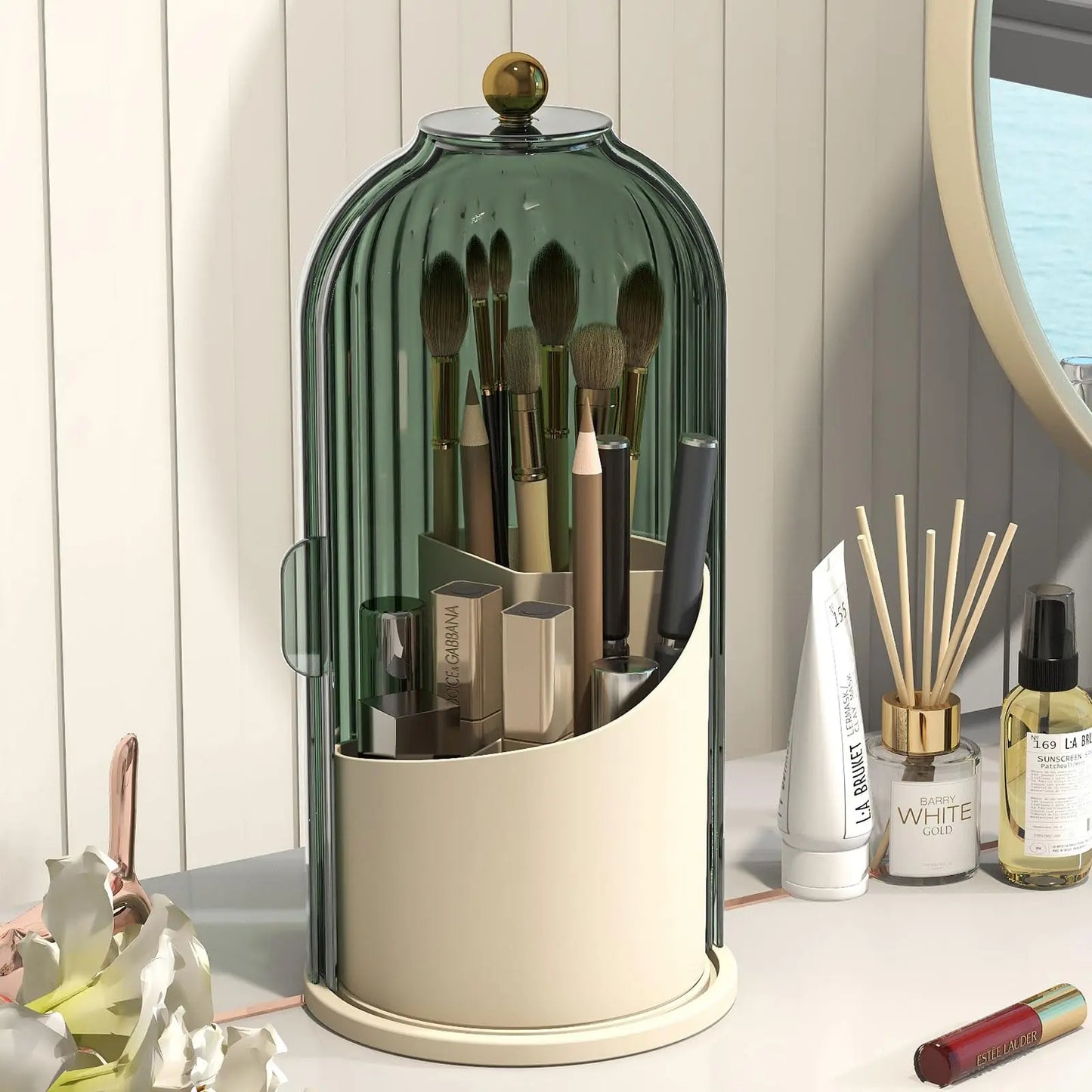YOOLENS Makeup Brush Holder With Lid 360 Rotation Organizer
