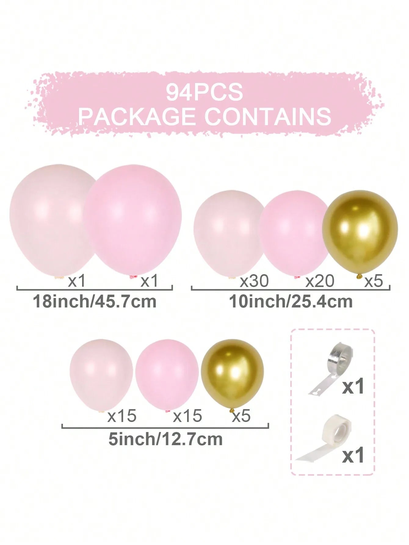 94pcs Pink Gold Balloon Glue Chain&Balloon Accessories, 1st Birthday Wedding Party Room Background Decoration Balloon Arch Kit, Back To School Valentine Day