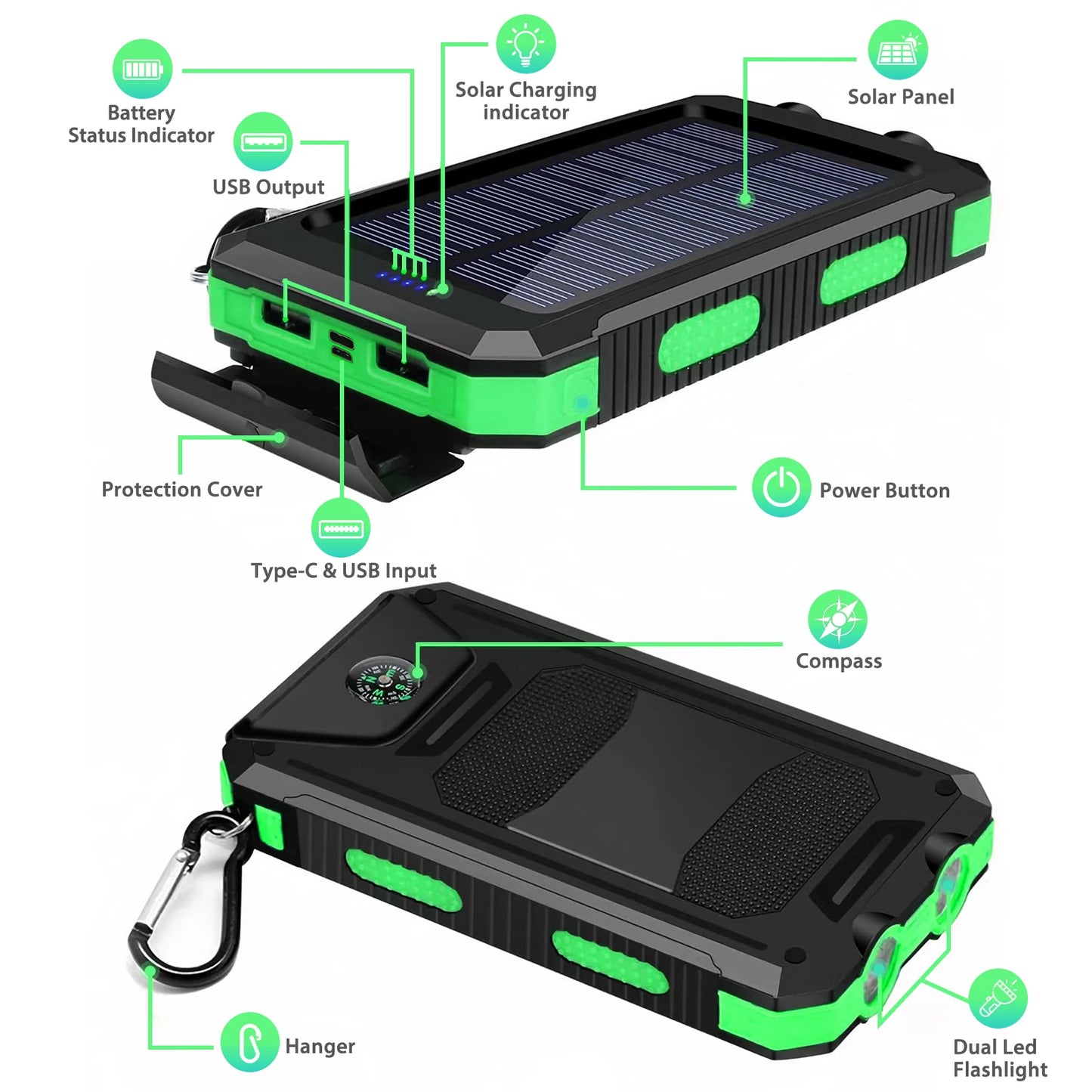 10000mAh Solar Power Bank Waterproof Outdoor Dual 5V 1A USB Ports Fast Charging LED Flashlight Wireless Charger 20W