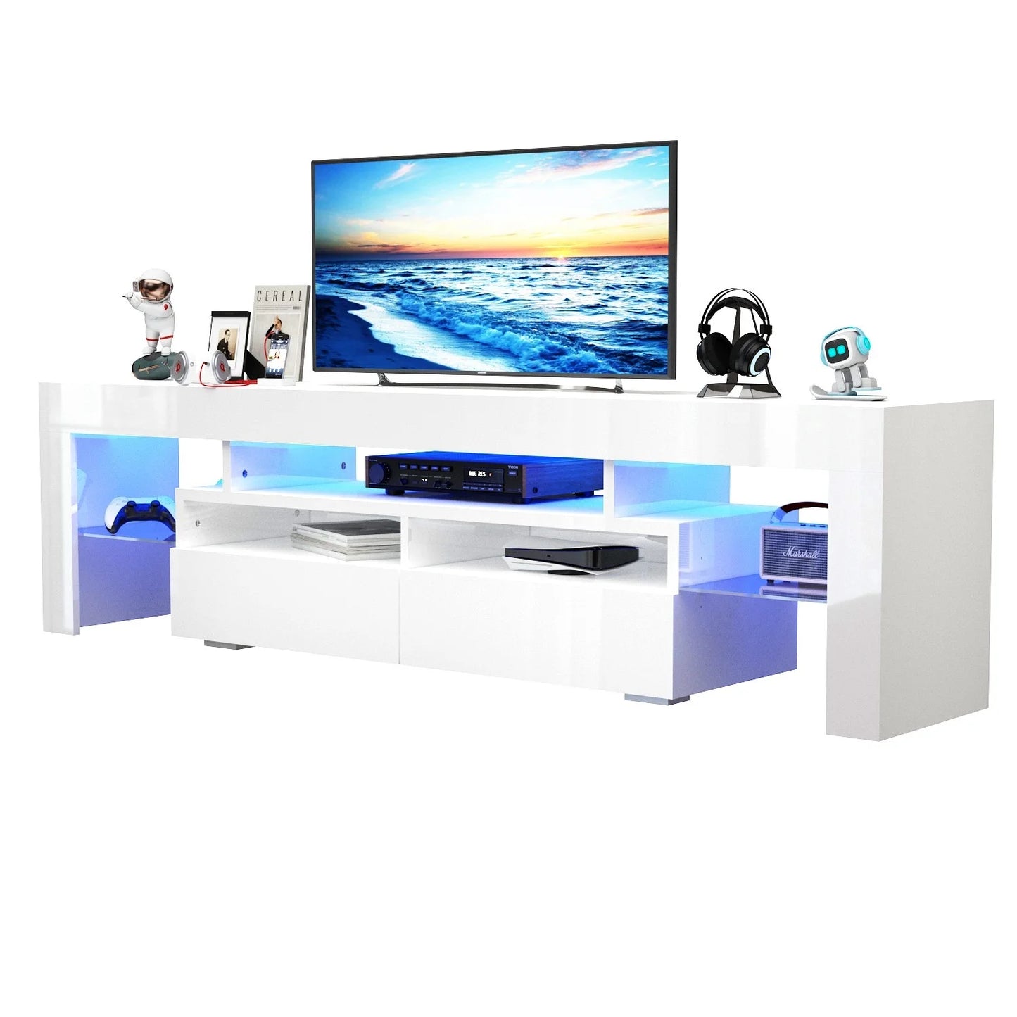LED TV Stand for Living Room with 20 Color LED Lights and Storage Shelf High Gloss Cabinet with Large Drawers
