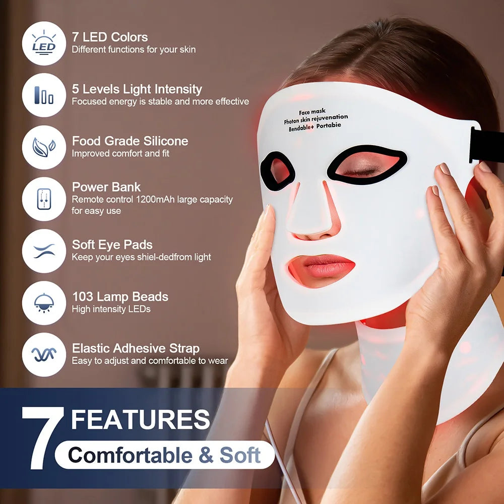 Silicone LED Mask Face With Neck 7 Colors LED Light Photon Therapy Anti Aging Rejuvenation Brighten Repair Skin Wireless Use