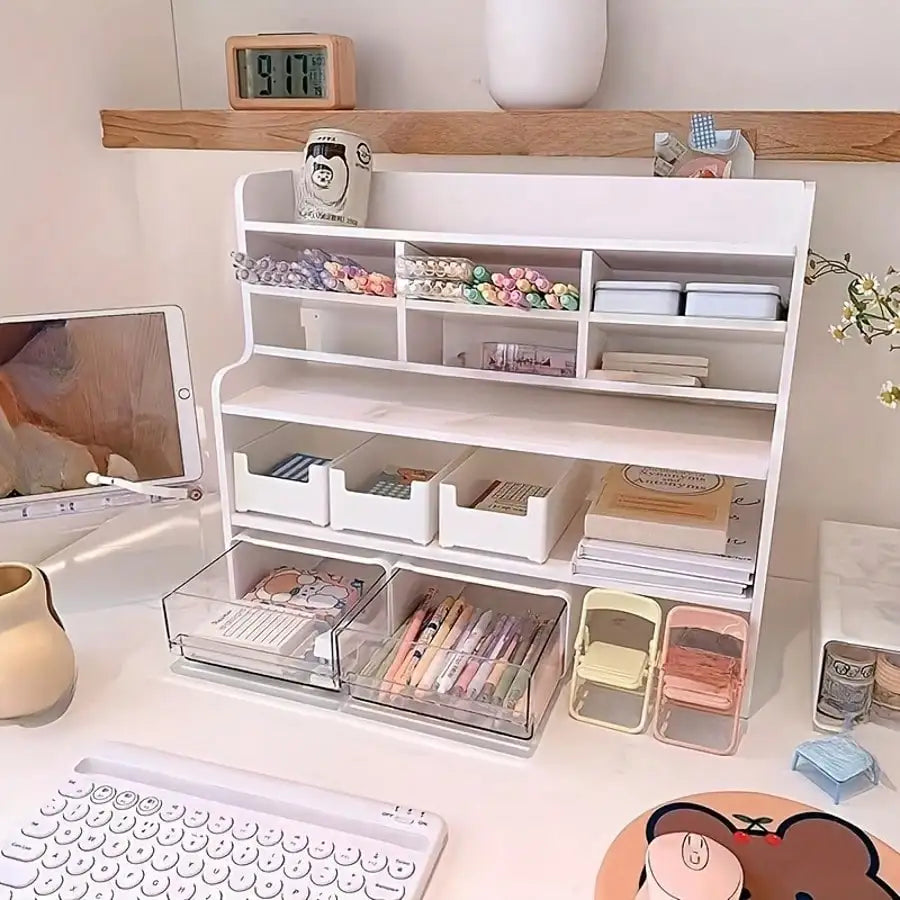 Desktop Storage Organizer with Multi-Grid, Large Capacity Desk Caddy Rack, Space Saving Multi-Compartment Holder for Office Supplies Cosmetics Stationery