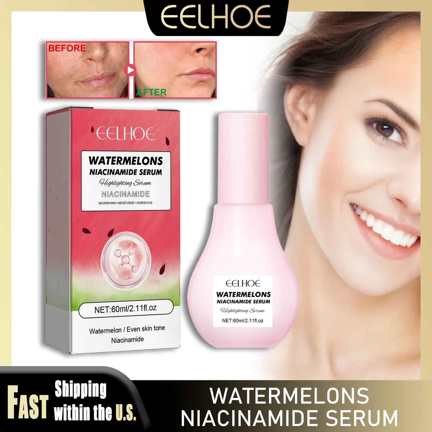 EELHOE 60ml Watermelon Facial Serum Nourish Brightening Even Skin Tone Moisturizing Acne Melanin Removal Smooth Korean Skin Care