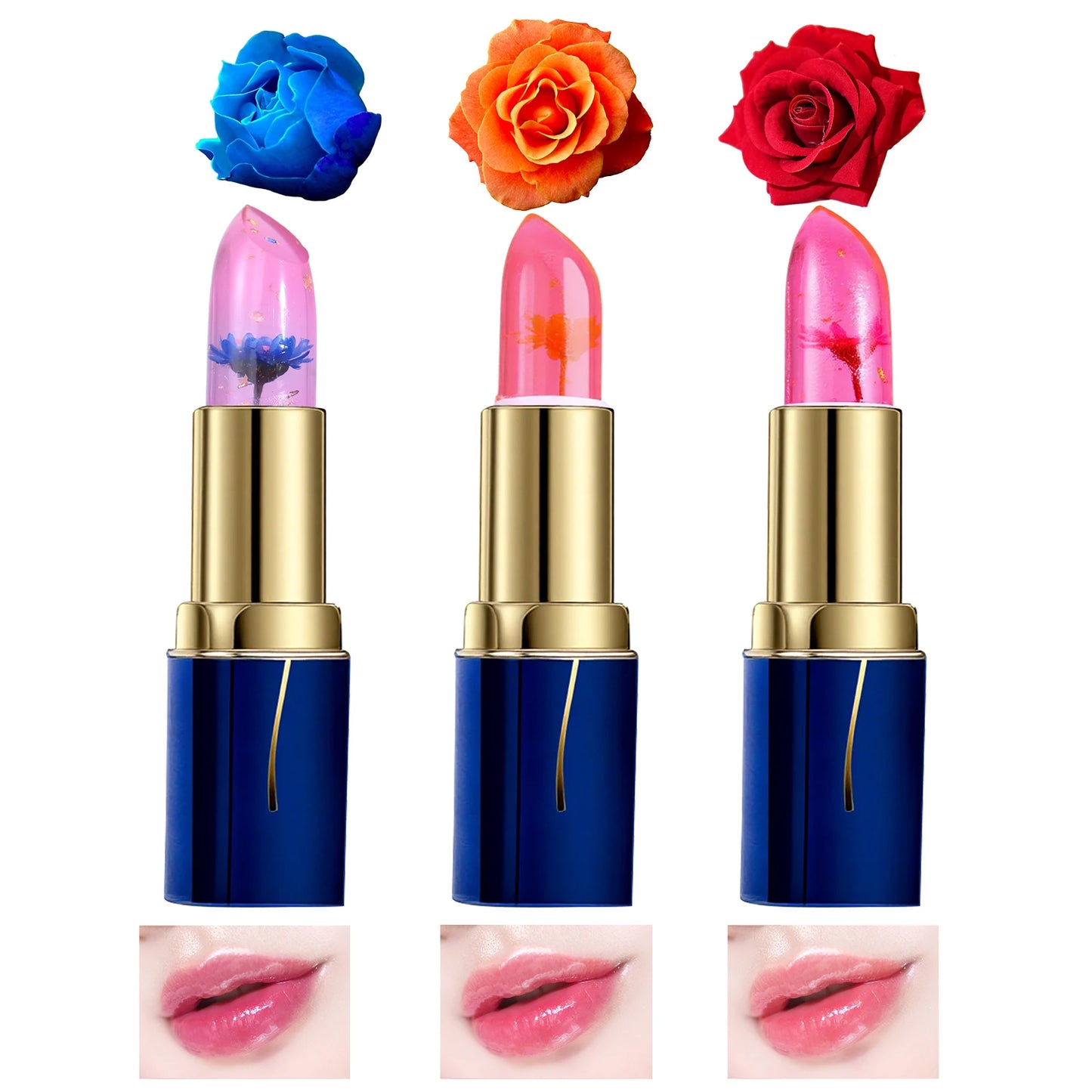 ZaiDoc 3pcs Flower Jelly Crystal Lipstick with Gift Fruit Lip Balm PH Color Changing Moisturizing Lip Gloss Balm Long Lasting Shine Lipstick