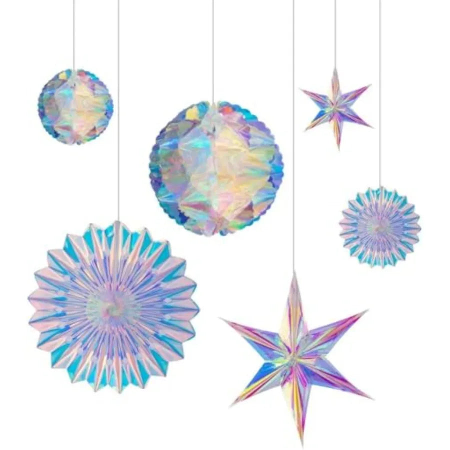 Iridescent Party Decorations, Hanging Honeycomb Balls, Paper Fans and 3D Star Ornaments, Holographic Ceiling Decor for Birthday