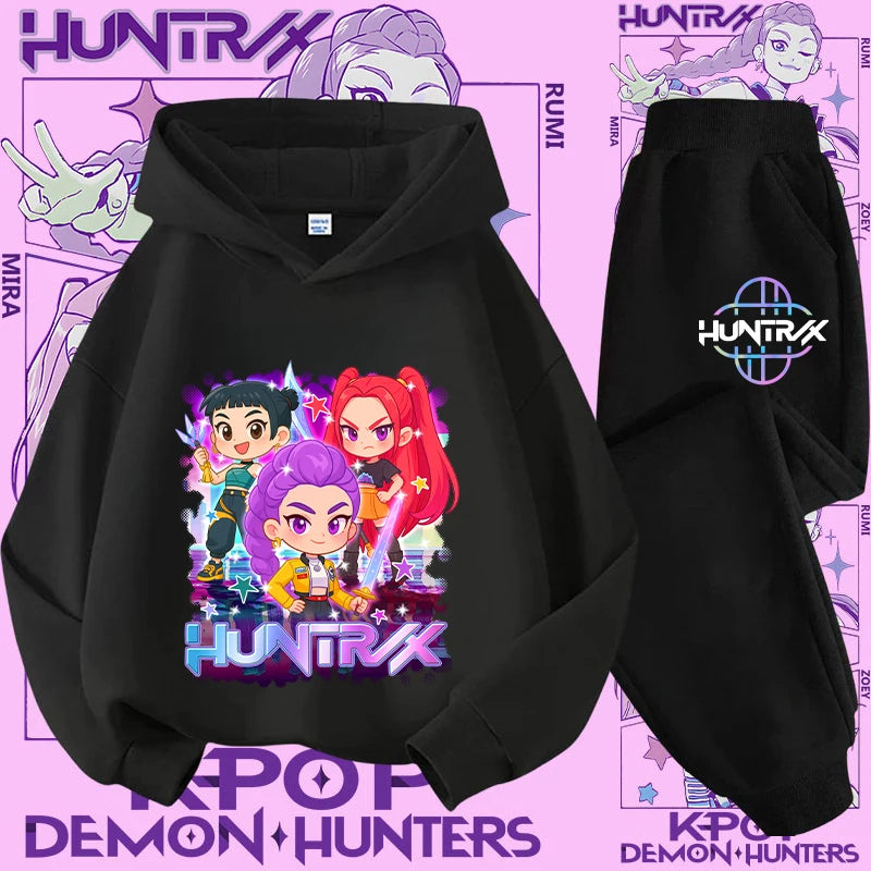 Kpop Demon Hunter Kids Hoodie And Top Set Two Piece Cartoon Print Unisex Casual Wear