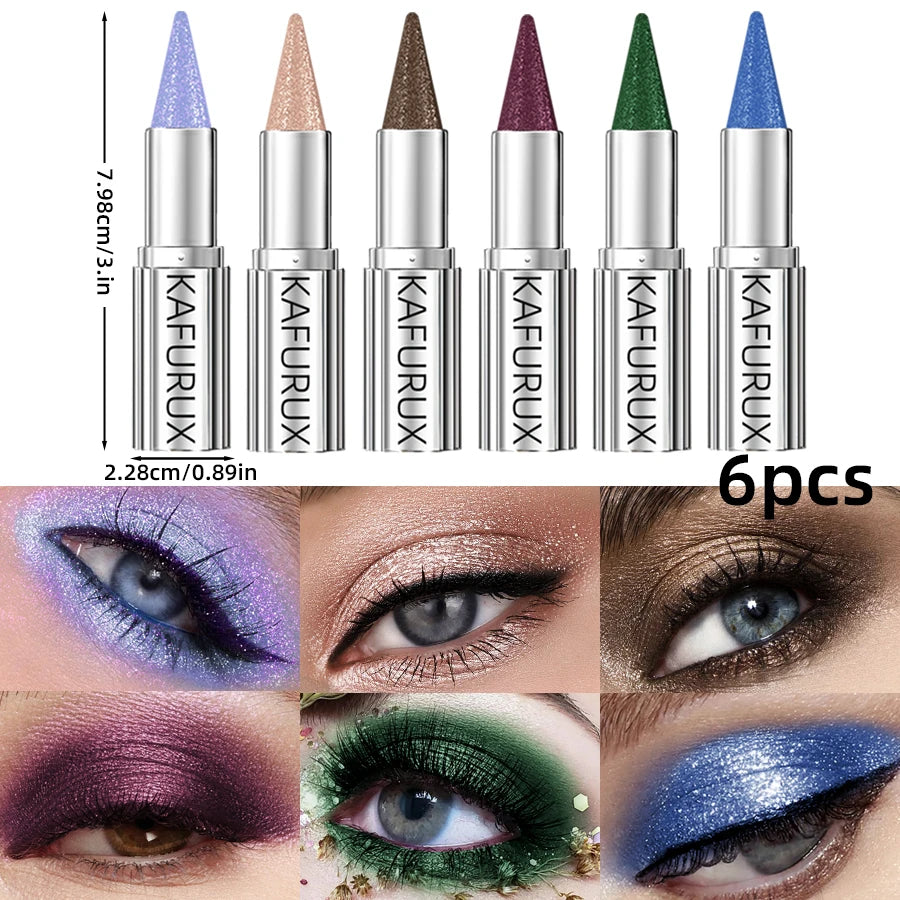 6pcs Metallic Brown Blue  Waterproof Eyeshadow Pen Glitter Shiny Eye Shadow Stick Korean Makeup for Women Gifts Pear Eye Cosmetics Smoky Black