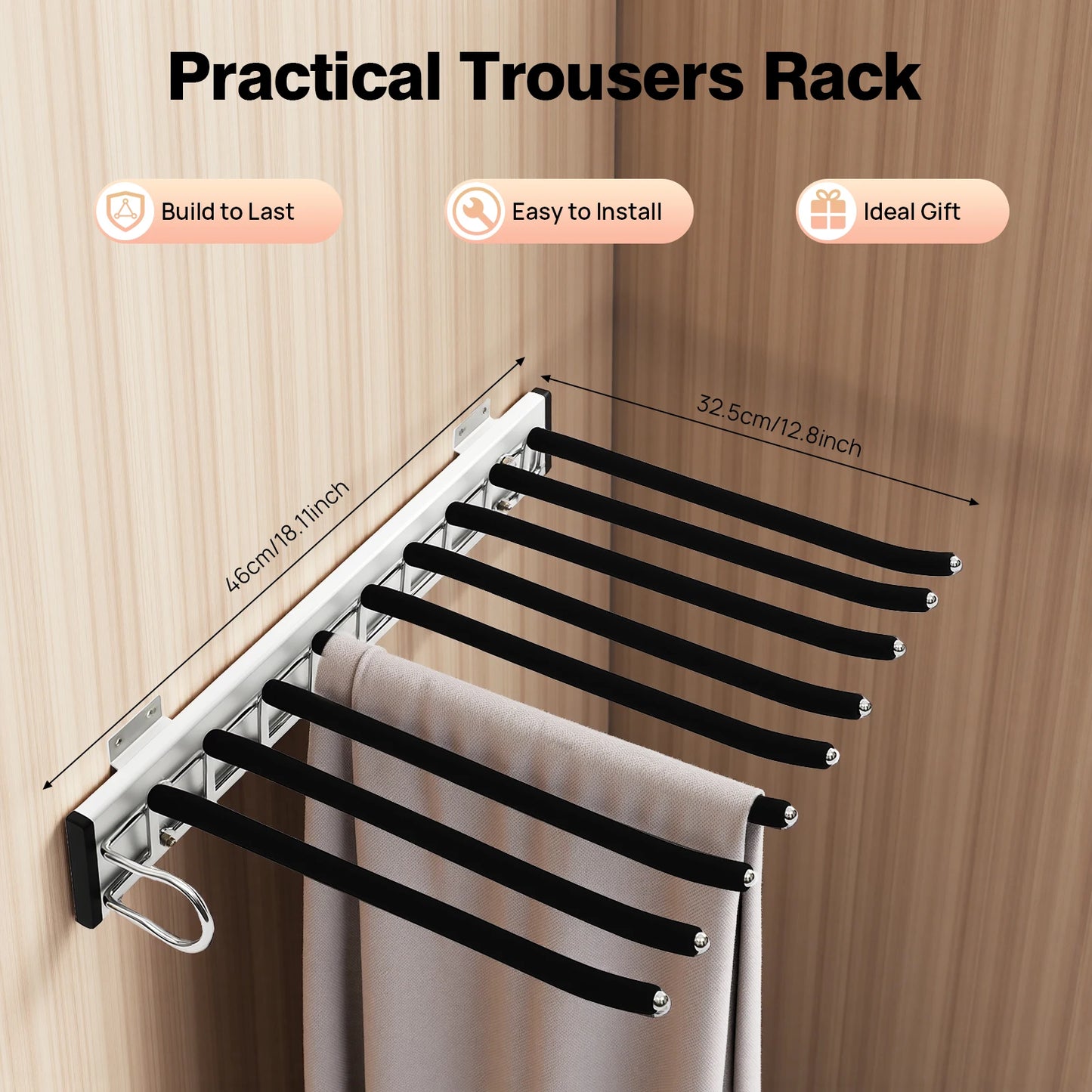 9-Rod Side Mounted Trouser Hanger, 35 lbs Pull Out Trousers Rack, Sliding Pants Rack W/ Flocked Bars for Pants, Ties