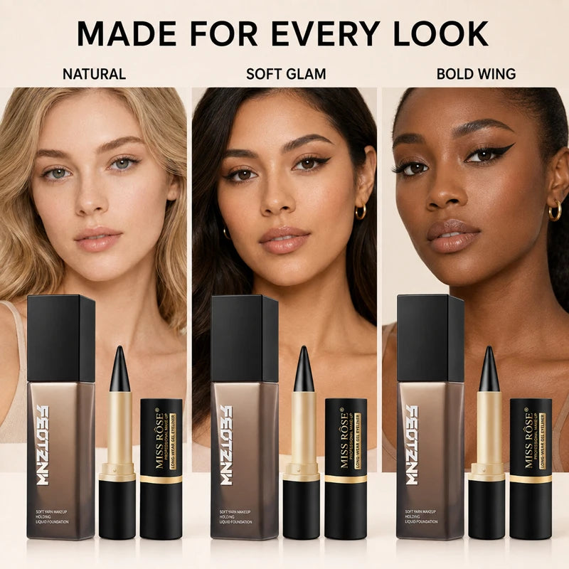 3PCS Makeup Set Full Coverage Liquid Foundation with 2 Waterproof Gel Eyeliners, Long-Lasting Matte Face Base, Smudge-Proof Black Eye Liner, Smooth Blendable Complexion and Eye Makeup Kit for Women, Natural Flawless Finish, D