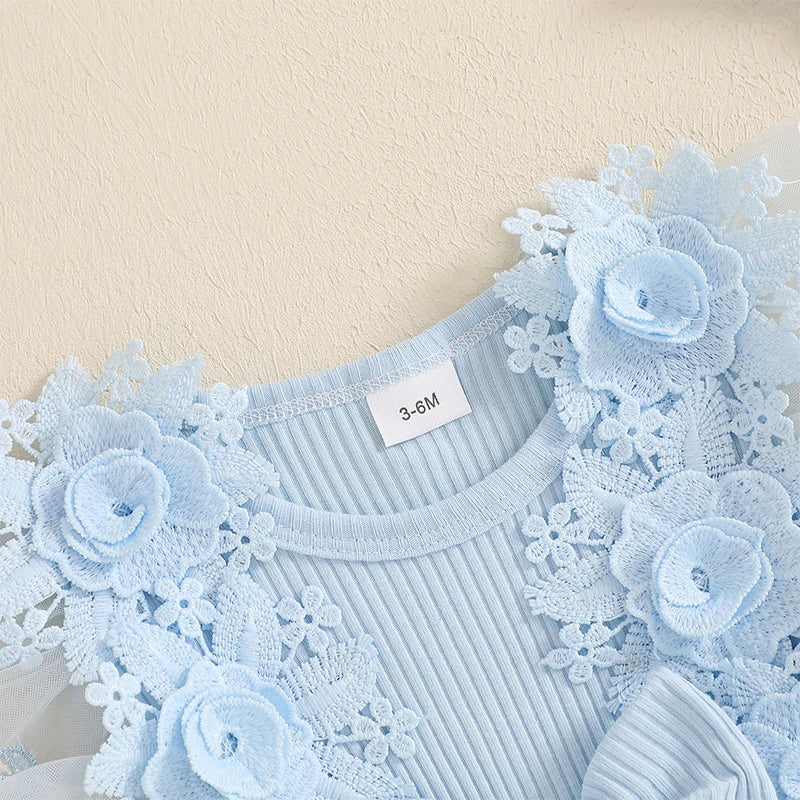 Infant Floral Embroidered Romper With Mesh Skirt And Headband Set