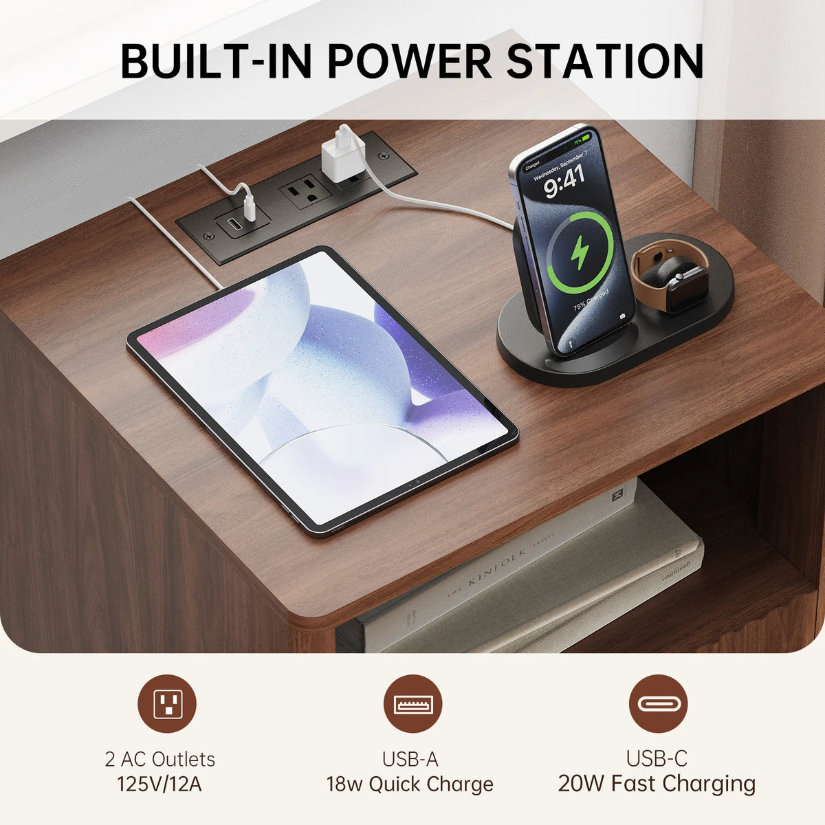 TinyNest Nightstand with Charging Station, Fluted Wood Side Table with Storage Drawers & Open Shelf, Night Stand Bedside Table with 2 AC Outlets, 1 USB A Port, 1 USB C Fast Charging Port, Small End Table Storage Cabinet For B