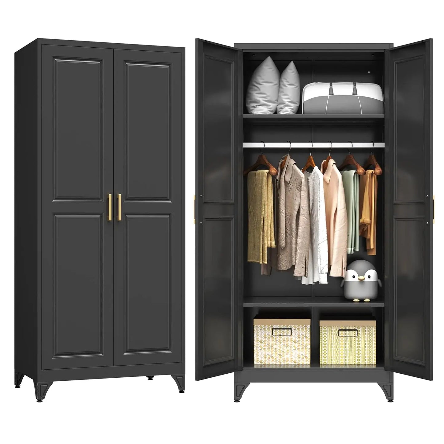 Metal Armoire Wardrobe Closet with 2 Doors, 71" Tall Wardrobe Closet with Doors, Hanging Rod, Drawers and, Customized