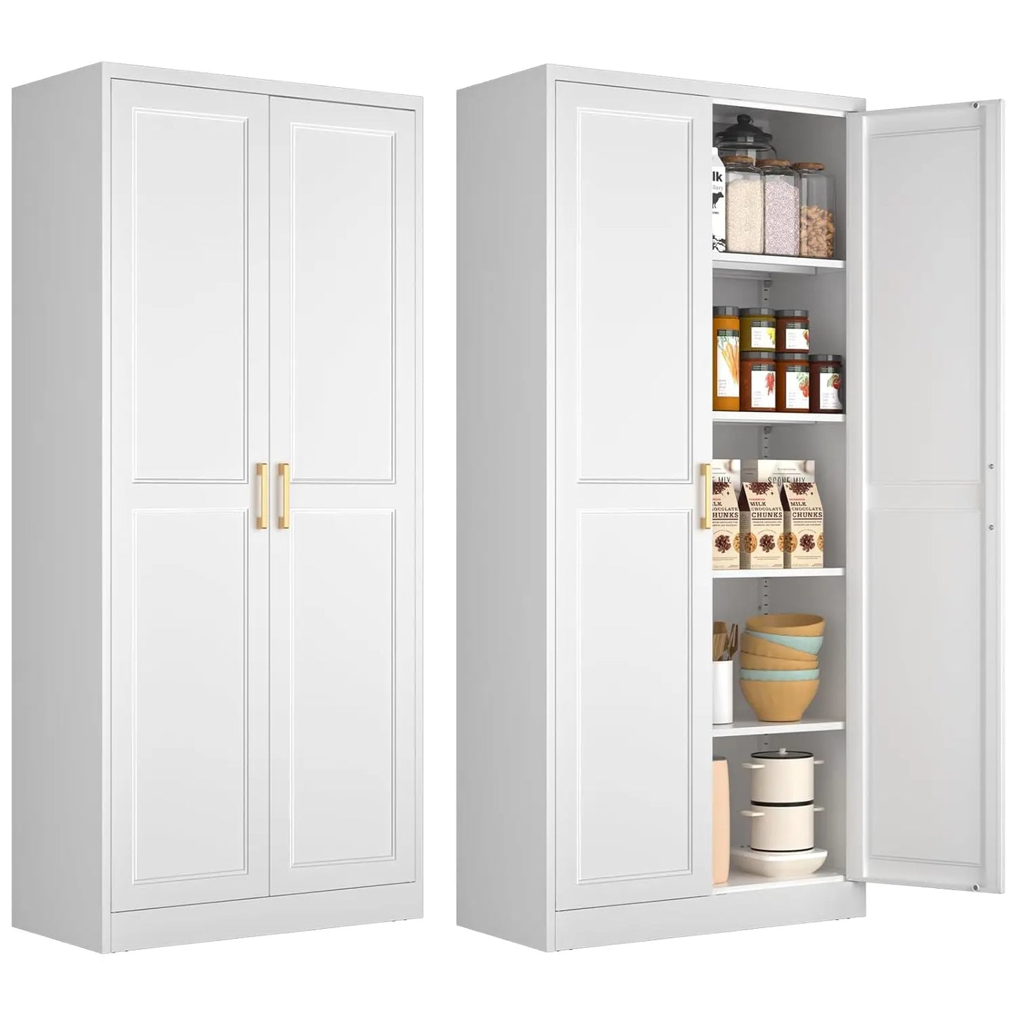 White Kitchen Pantry Cabinet, 71 Inch Tall Metal Storage Cabinet with Doors and Shelves, Pantry Cabinets, Customized
