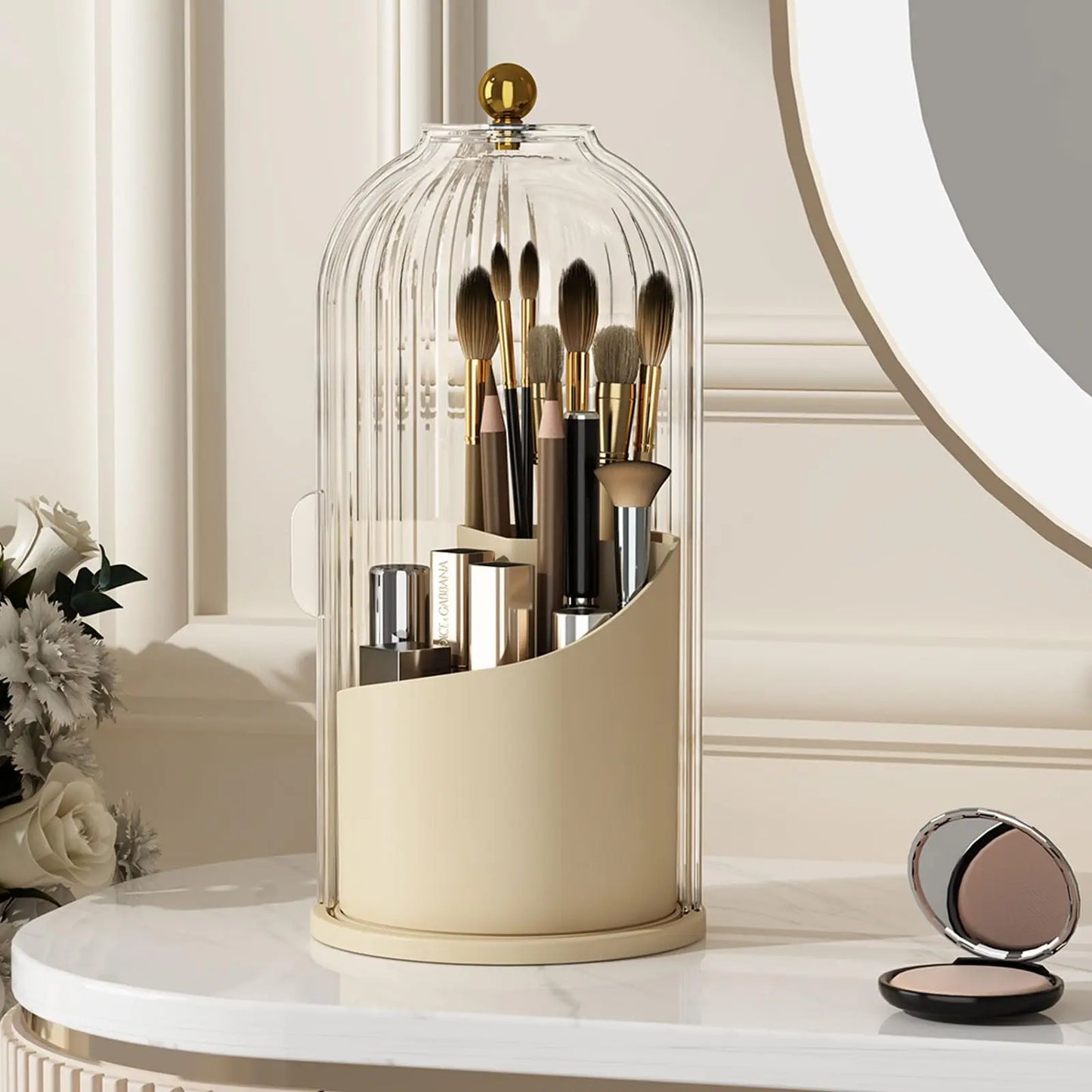 YOOLENS Makeup Brush Holder With Lid 360 Rotation Organizer