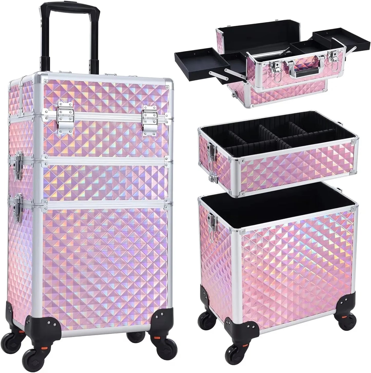 Rolling Makeup Case 3 In 1 Removable Makeup Case On Wheels Large Capacity Lockable Trolley For Salon