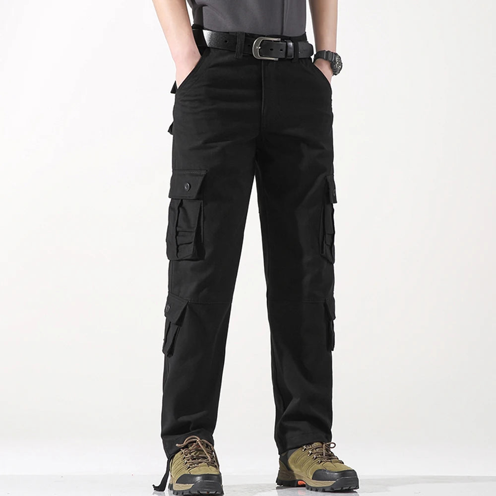 Eight Pockets 100 Percent Cotton Mens Cargo Pants Solid Color Breathable Outdoor Pants For Hiking Trekking Travel