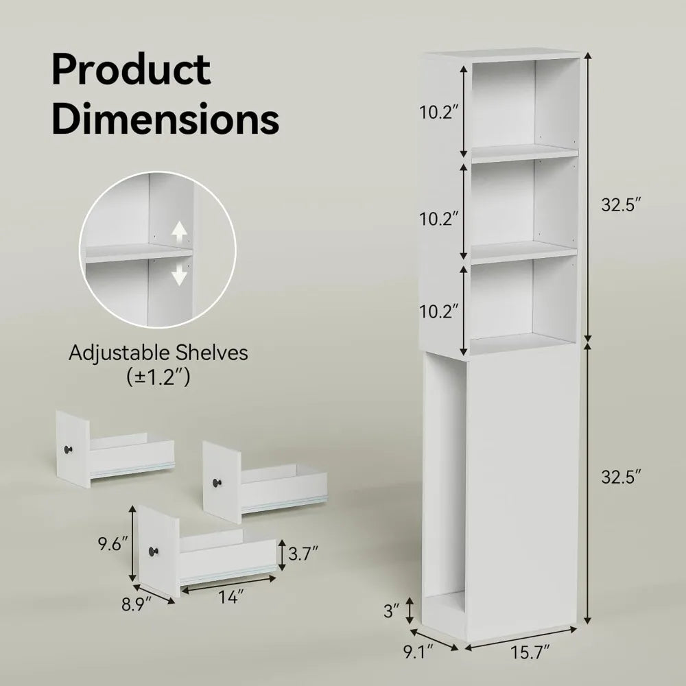 Storage Cabinet Tall Narrow Bathroom Organizer with 3-Level Adjustable Shelves Slim Free Standing Space Saver