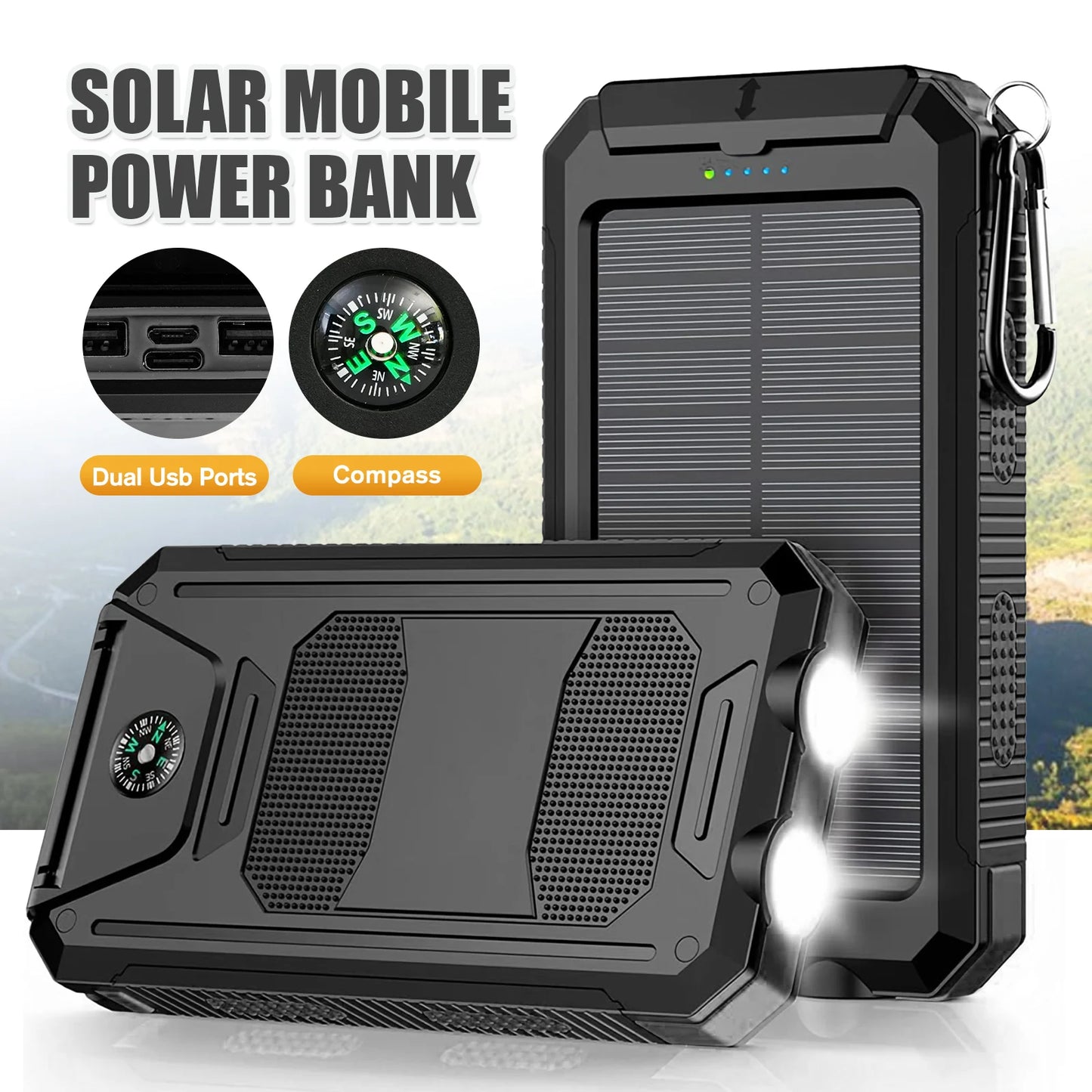 10000mAh Solar Power Bank Waterproof Outdoor Dual 5V 1A USB Ports Fast Charging LED Flashlight Wireless Charger 20W