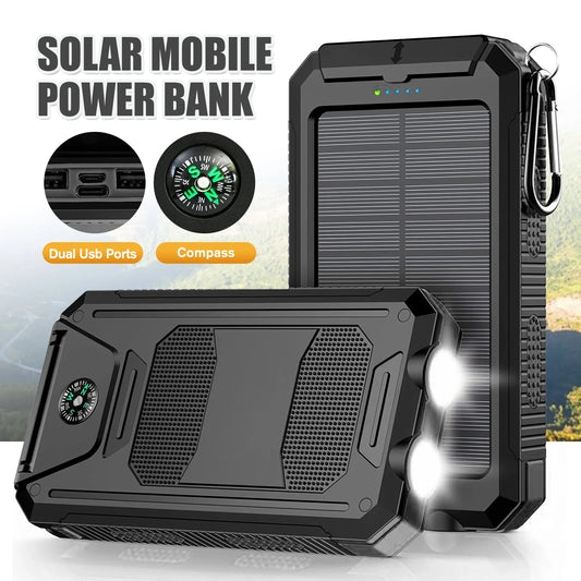 10000mAh Solar Power Bank Waterproof Outdoor Dual 5V 1A USB Ports Fast Charging LED Flashlight Wireless Charger 20W