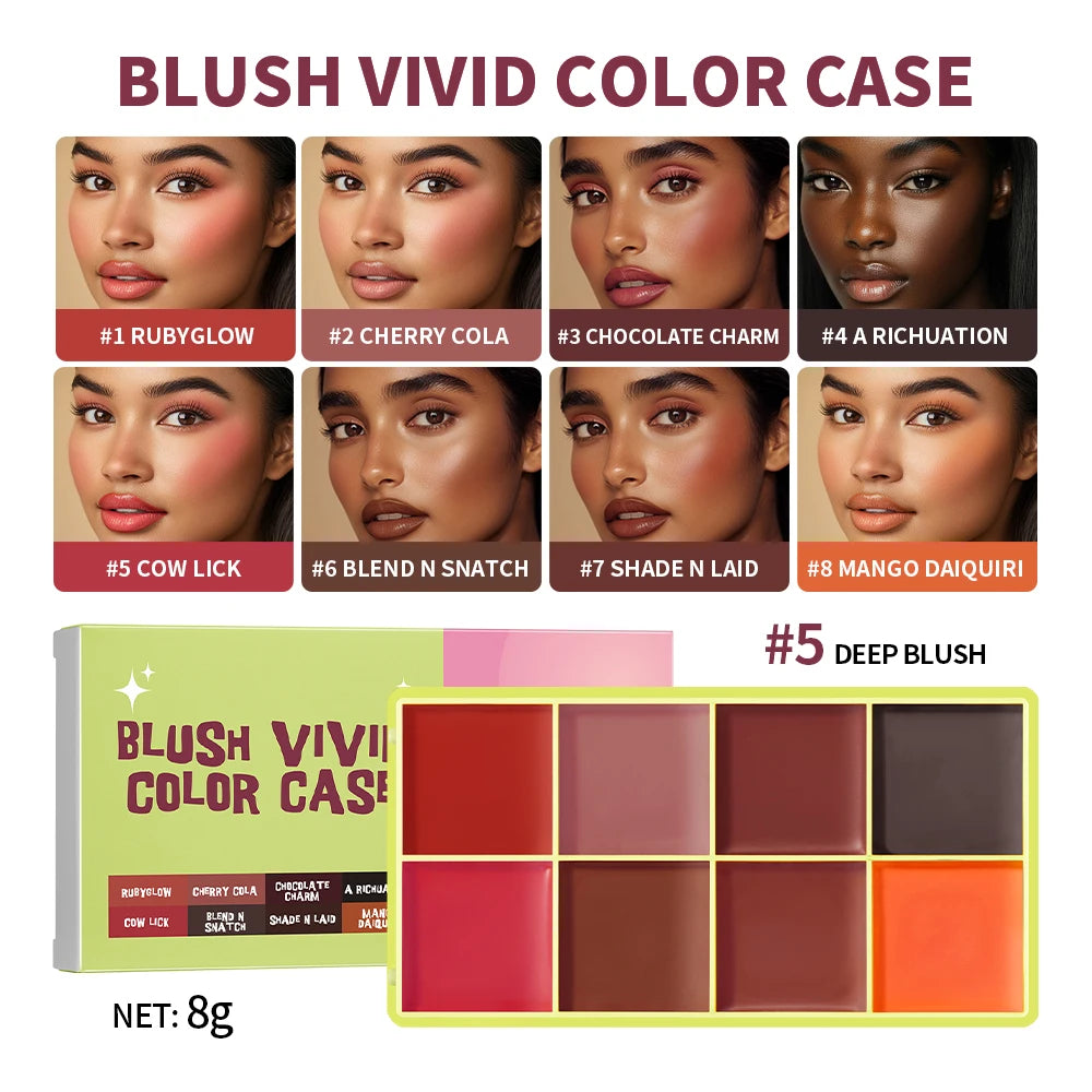 All-In-One 8 Color Cream Blush Countouring Face Palette Blendable Longwear Natural Glow Shades Long-Lasting Sweat-Resistant Woman Makeup