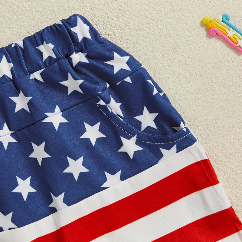American Flag Rocket Print Toddler Shorts With Elastic Waist