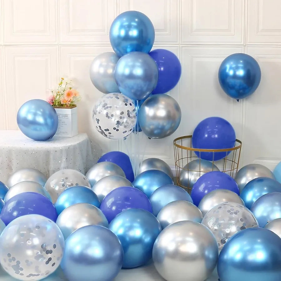 Blue Silver Balloons Set 60 Pcs 12 Inch Navy Blue Balloons with Silver Metallic Confetti for Birthday Baby Shower