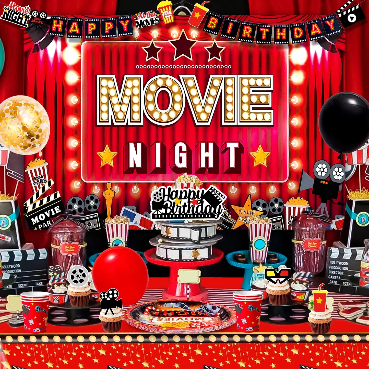 Movie Night Birthday Party Decorations and Tableware Set 68Pcs Plates Napkins Tablecloth Movie Night Supplies