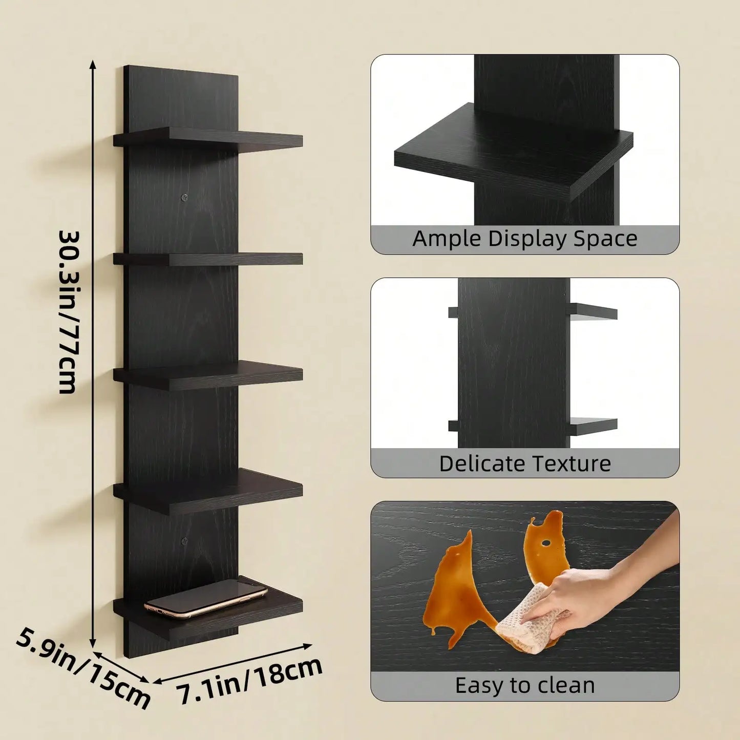 5 Tier Floating Wall Shelf Modern Wooden Vertical Wall Mounted Bookshelf Display Rack Storage Shelving Unit For Bedroom Living Room Home Office Bathroom Housewarming Gift