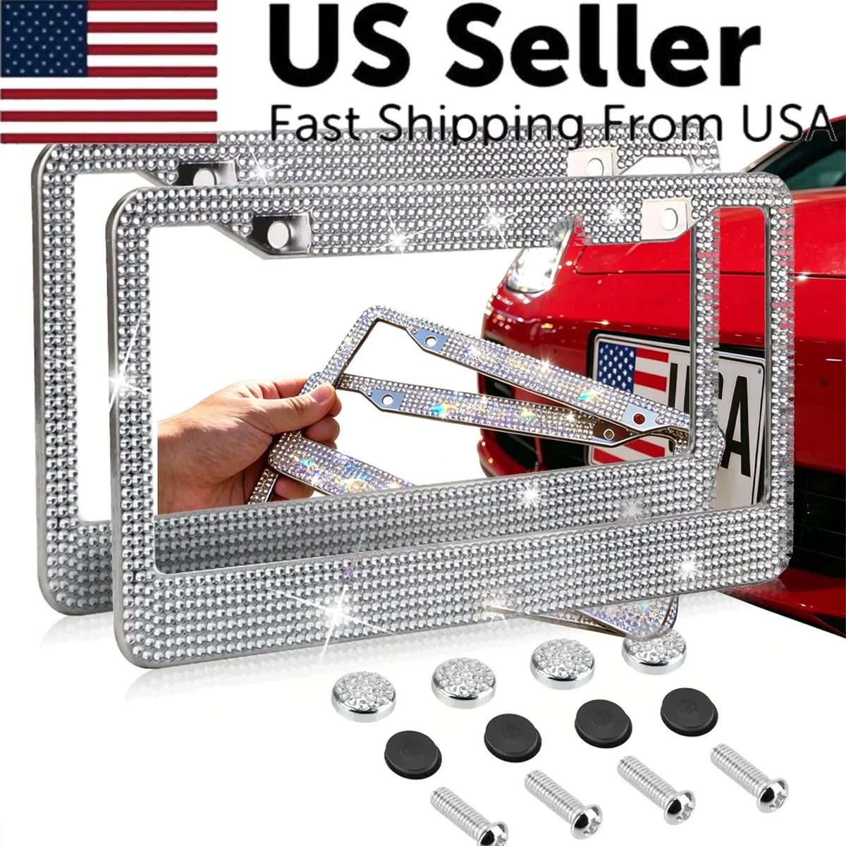 2PCS Bling Crystal Diamond Car License Plate Frame Stainless Steel Shiny Rhinestone License Plate Cover Holder Universal Auto License Tag Frames