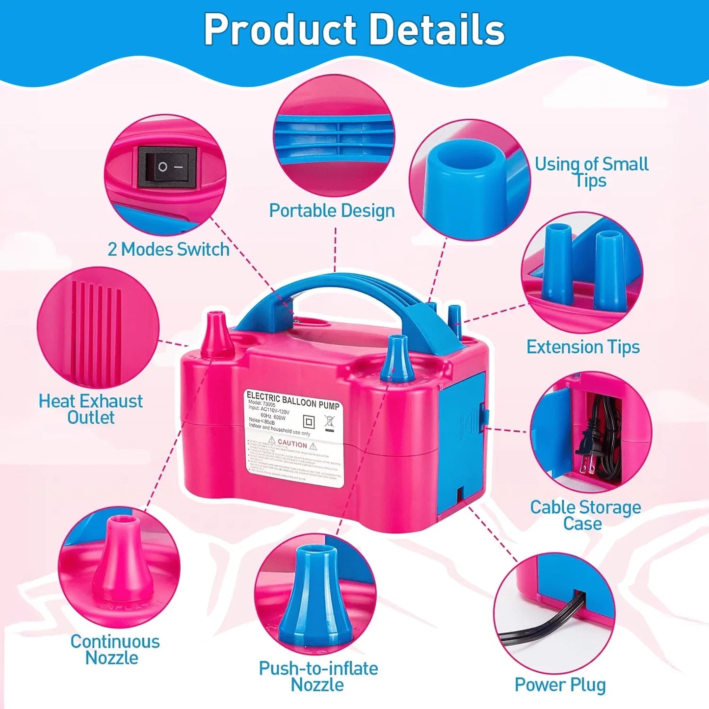 Double Nozzle Electric Balloon Inflation Pump 600W Portable Balloon Pump For Party Arch Decorations Wedding Birthday