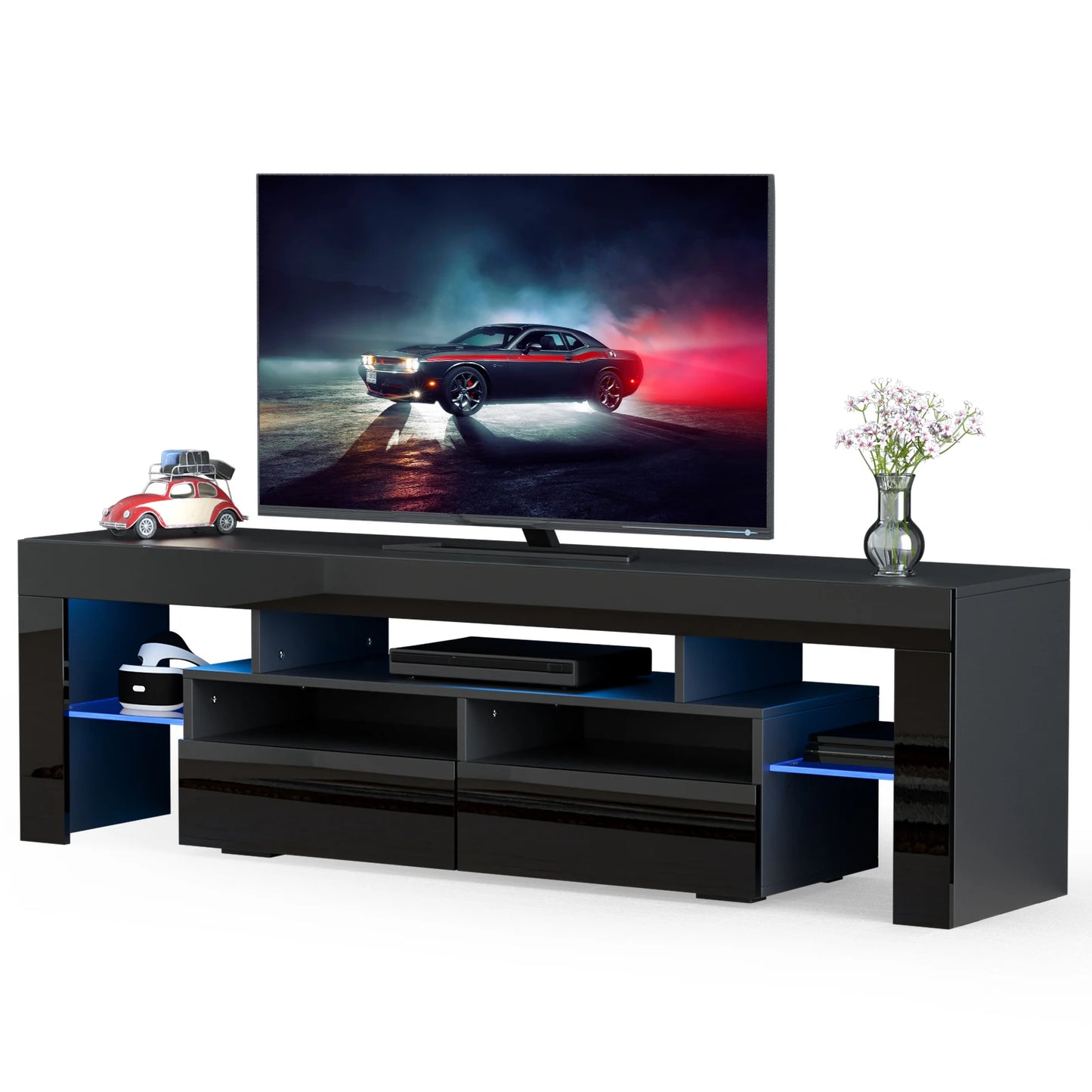 LED TV Stand for Living Room with 20 Color LED Lights and Storage Shelf High Gloss Cabinet with Large Drawers