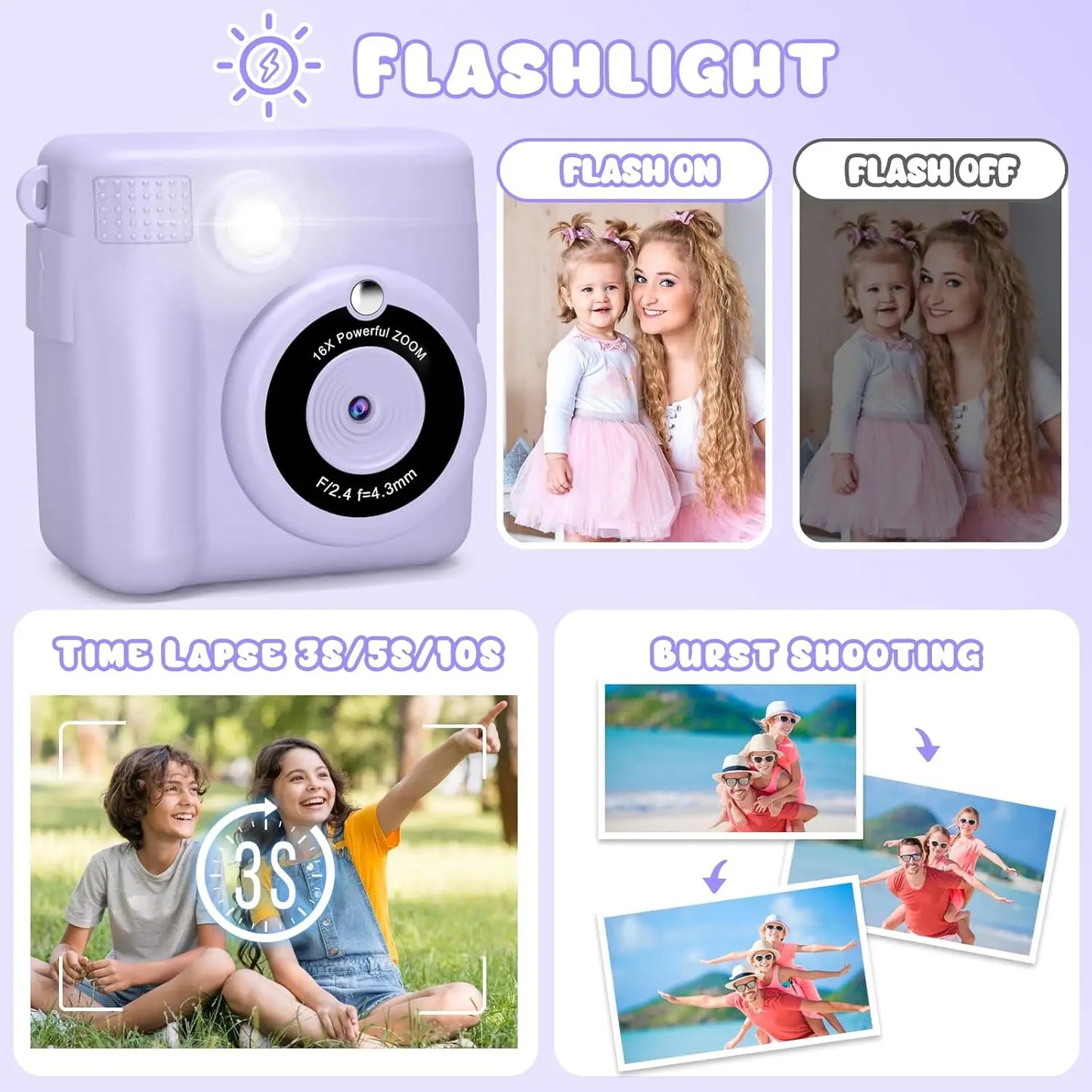 Gofunly Kids Instant Print Camera Thermal Printing Digital Camera 2 Point 4 Inch LCD 1080P For Ages Six To Twelve