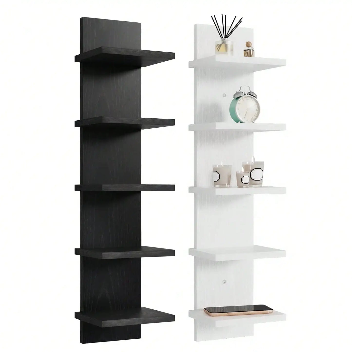 5 Tier Floating Wall Shelf Modern Wooden Vertical Wall Mounted Bookshelf Display Rack Storage Shelving Unit For Bedroom Living Room Home Office Bathroom Housewarming Gift