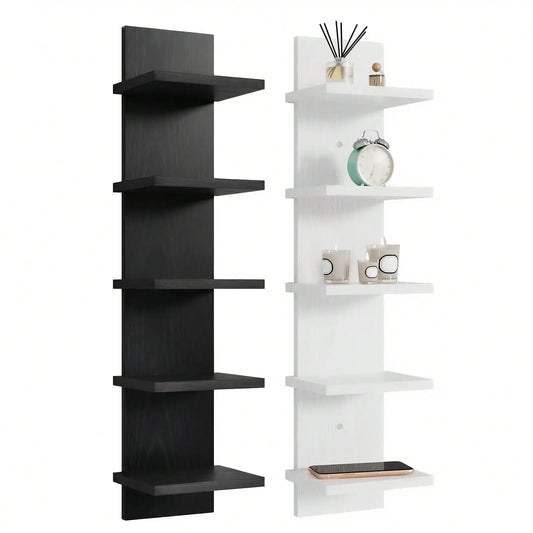 5 Tier Floating Wall Shelf Modern Wooden Vertical Wall Mounted Bookshelf Display Rack Storage Shelving Unit For Bedroom Living Room Home Office Bathroom Housewarming Gift