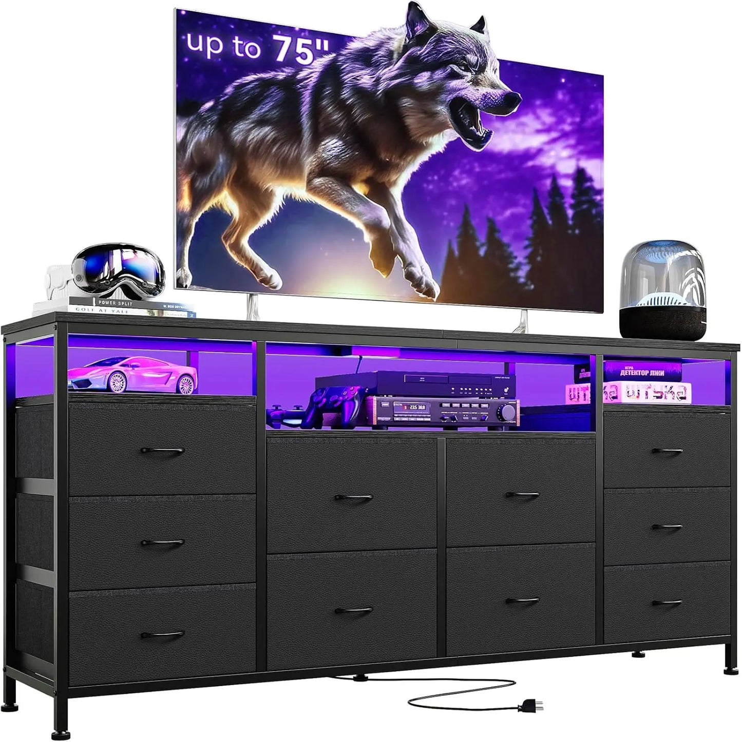 10 Drawer Dresser TV Stand for 65 70 and 75 Inch TV 63 Inch Wide Long Fabric Entertainment Center Chest of Drawers