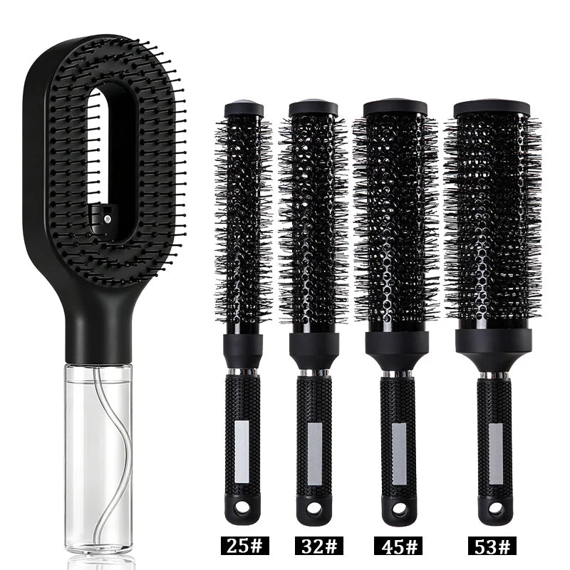 5Pcs/Set 2 In 1 Water Spray Hair Brush & Round Hair Roller Brush Set Anti‑static Salon Hair Styling Comb for Blow Drying Curling Volumizing Hairdressing Tool