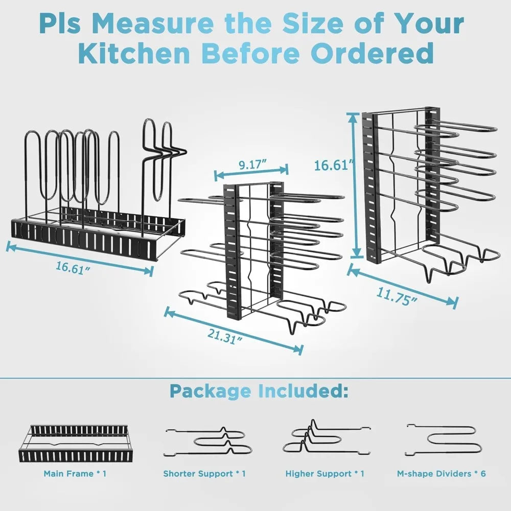 Pots and Pans Organizer for Cabinet Tier Pot Organizers Rack with 3 DIY Methods, Adjustable Pan Organizer Kitchen Organization