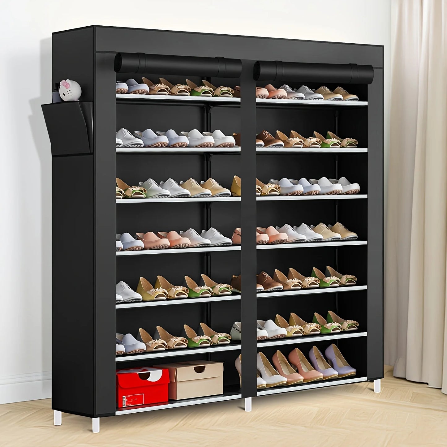 6 Layer Double Row Shoe Rack With Dust Cover Easy Assembly For Shoes Black Plastic 12 Grid Storage Rack