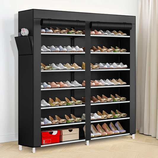 6 Layer Double Row Shoe Rack With Dust Cover Easy Assembly For Shoes Black Plastic 12 Grid Storage Rack
