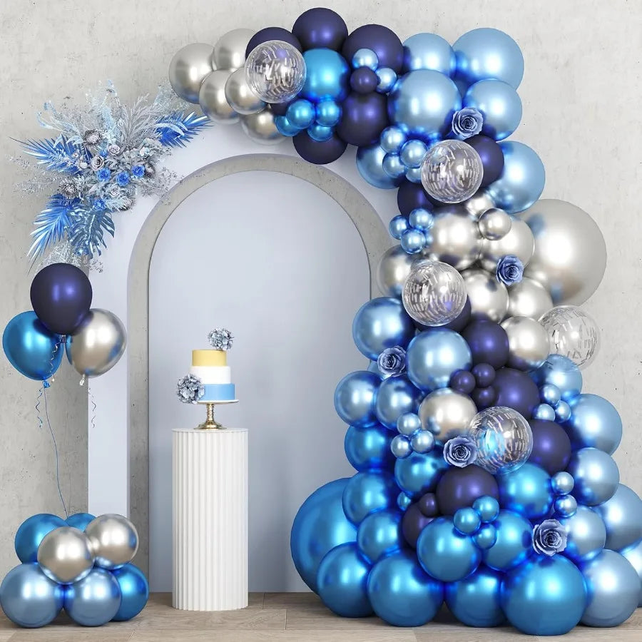 87 Pieces Metallic Blue and Silver Balloon Garland Kit With Confetti Balloons 18 12 10 and 5 Inch For Elegant Birthday