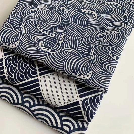 150x50cm Cotton Linen Blue Retro Japanese Fabric Handmade DIY Sewing Table Cloth Curtains Door Curtains Bento Bags Storage Bags