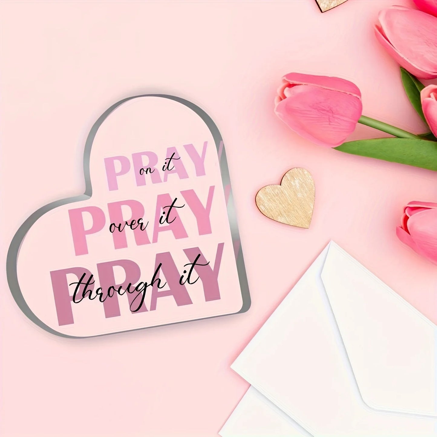2D Flat, Elegant Heart-Shaped Acrylic Prayer Decor with "Pray It Over It" Inspirational Pink Verse - Classic Desktop Christian