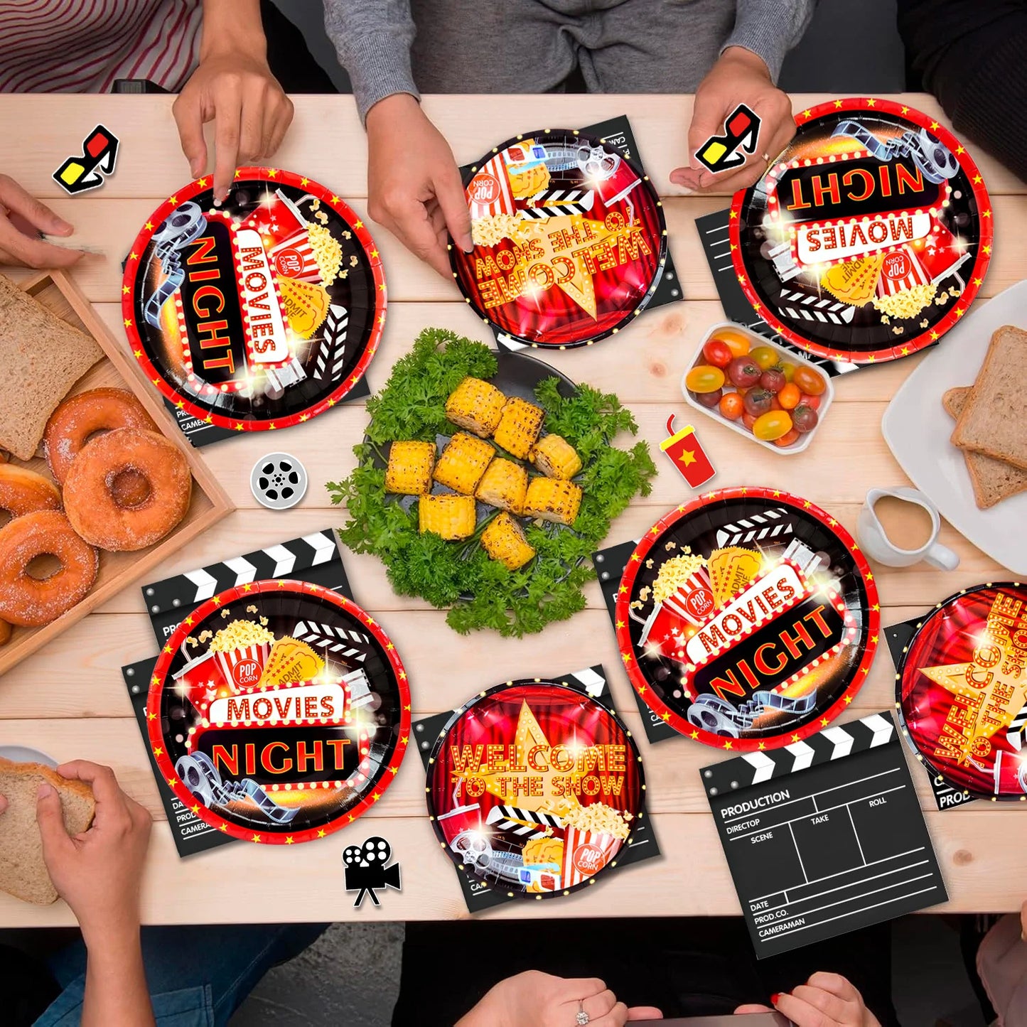 Movie Night Birthday Party Decorations and Tableware Set 68Pcs Plates Napkins Tablecloth Movie Night Supplies