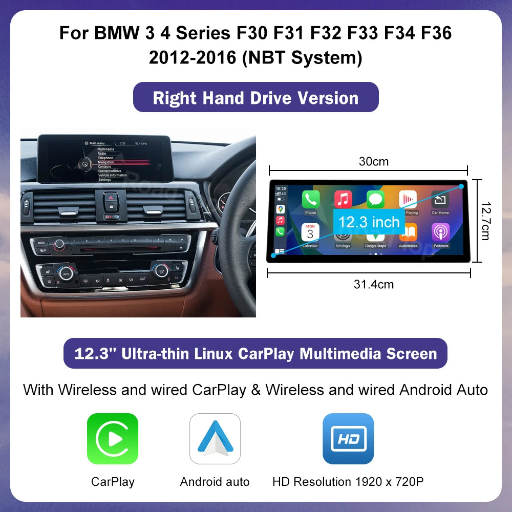 Road Top 12.3 Inch Ultra Thin Screen For BMW 3 4 Series F30 F31 F32 F33 F34 F36 With CarPlay Android Auto