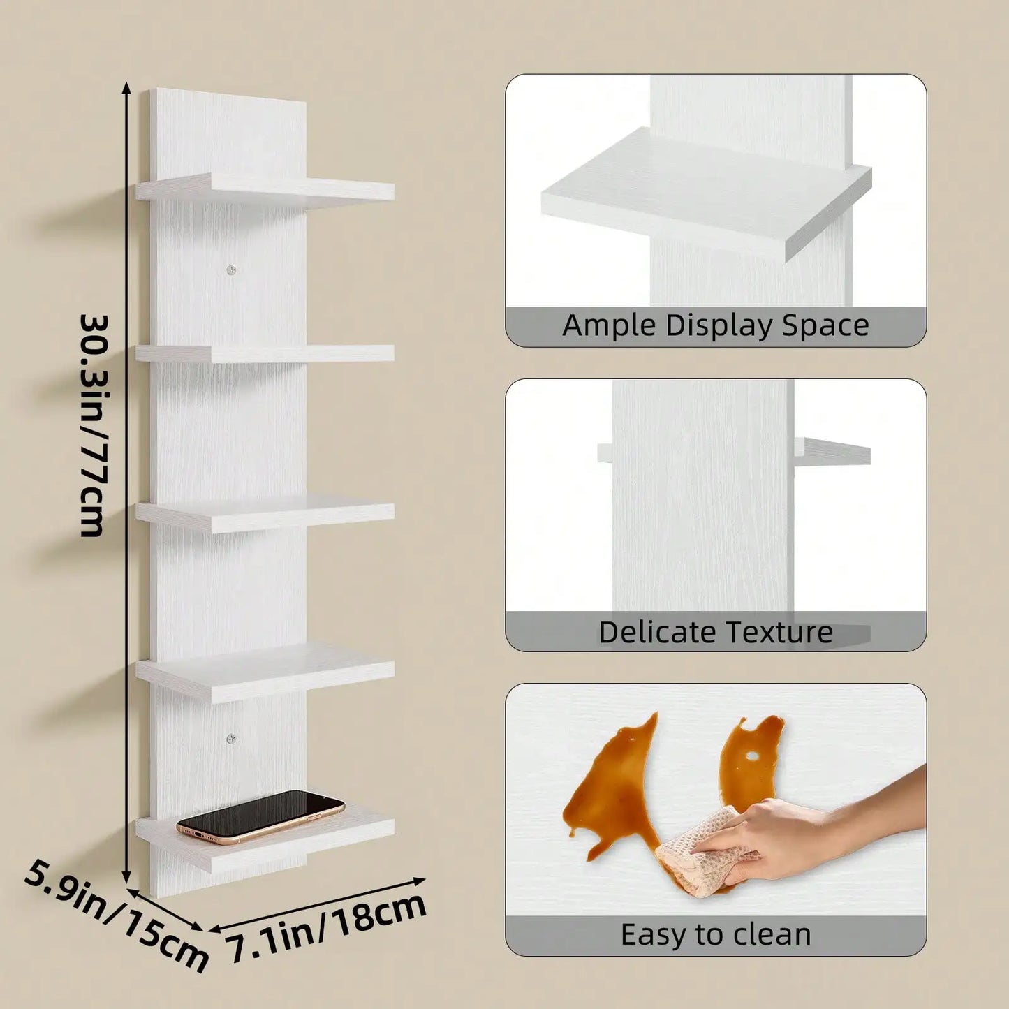 5 Tier Floating Wall Shelf Modern Wooden Vertical Wall Mounted Bookshelf Display Rack Storage Shelving Unit For Bedroom Living Room Home Office Bathroom Housewarming Gift
