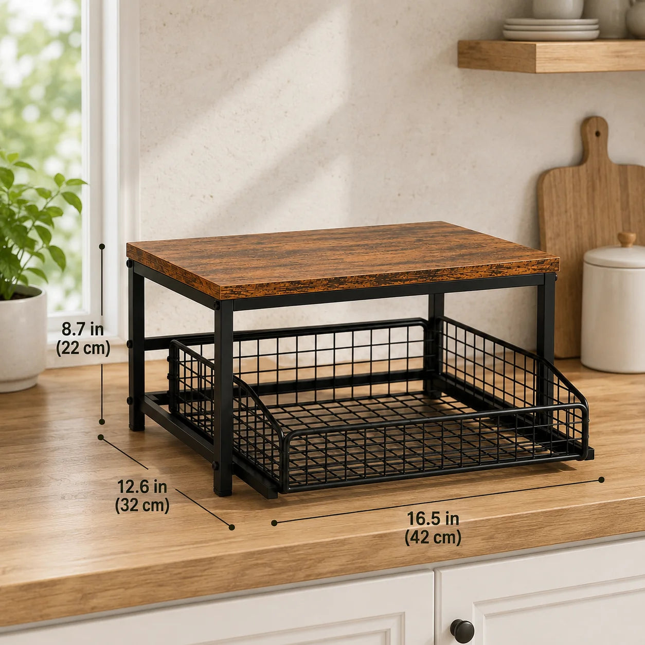 Pull Out Kitchen Counter Organizer with Sliding Wire Basket, Rustic Wood Countertop Storage Shelf for Coffee Station, Spice Rack, Pantry & Bathroom Organization