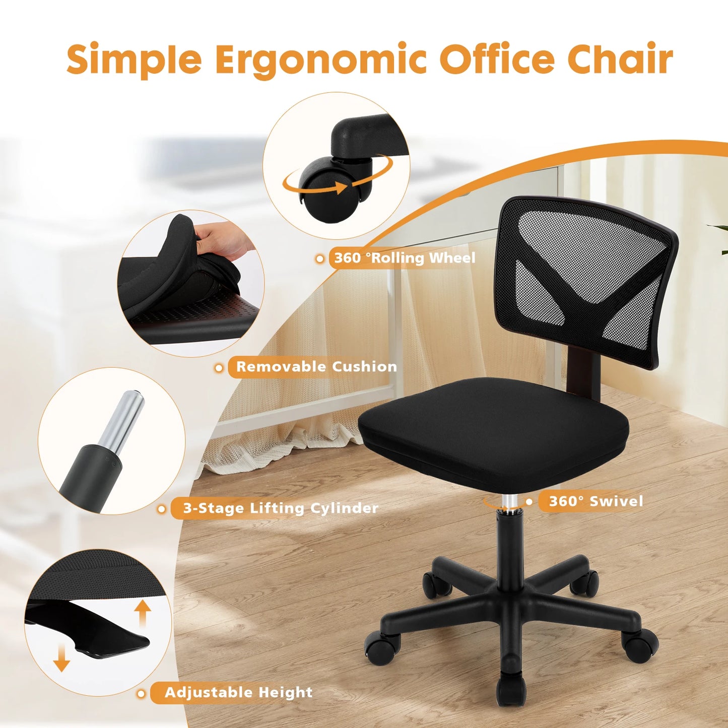 JHK Mesh Lumbar Support Armless Office Chair With Wheels Adjustable Height 360 Degree Rolling Swivel Computer Chair