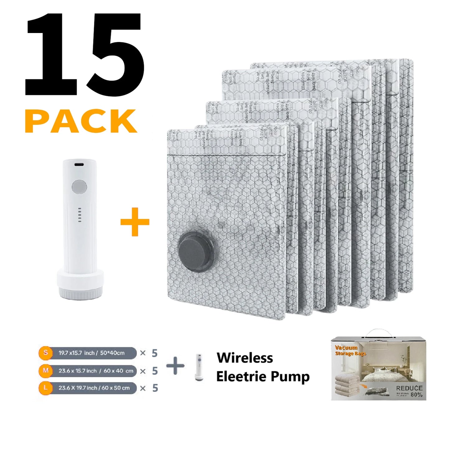 Cordless Travel Vacuum Compression Bag Set With Rechargeable Pump
